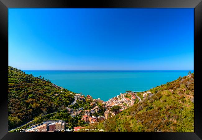 Aerial view of Riomaggiore  Framed Print by Marco Bicci