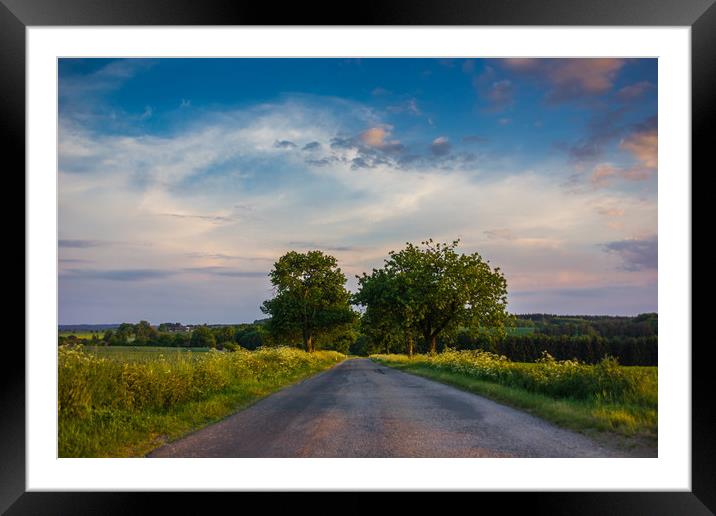 Rural road in European countriside at sunset. Framed Mounted Print by Sergey Fedoskin