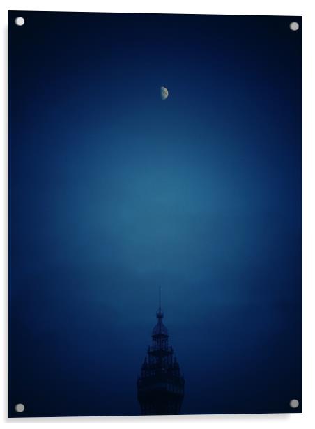 Moon over Blackpool Tower.    Acrylic by Victor Burnside