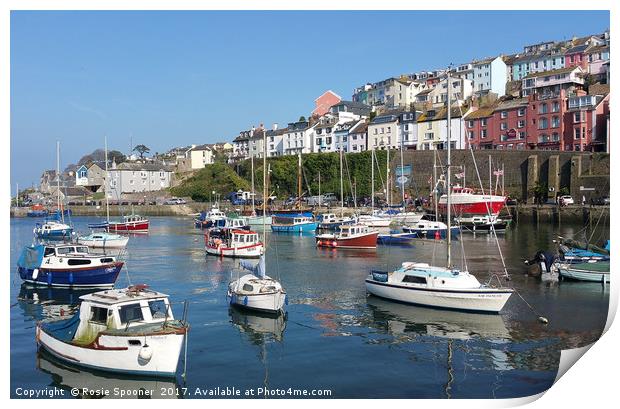 Colourful boats and houses at Brixham Harbour Print by Rosie Spooner