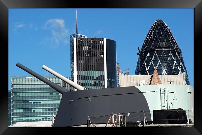 Guns of HMS Belfast and City of London Skyline Framed Print by Chris Day