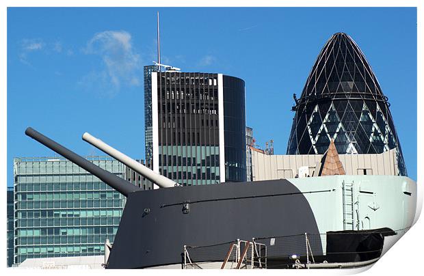 Guns of HMS Belfast and City of London Skyline Print by Chris Day