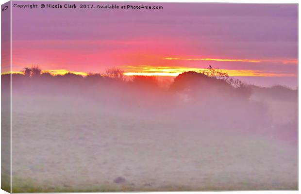 Sunrise Through The Mist Canvas Print by Nicola Clark