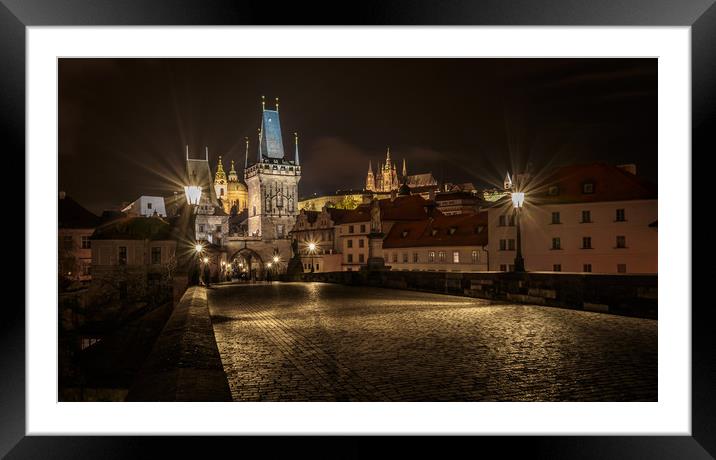 Charles Bridge at Night, Prague Framed Mounted Print by Ed Alexander