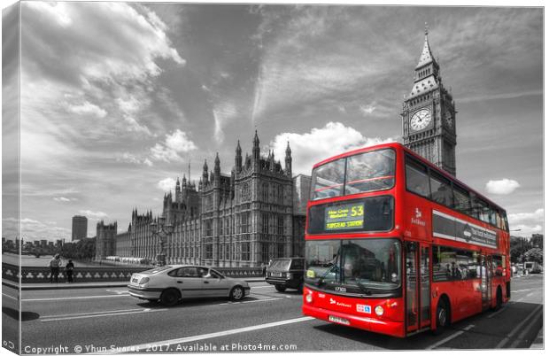 London Big Ben And Red Bus Canvas Print by Yhun Suarez