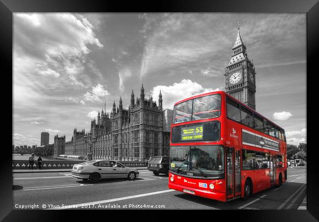 London Big Ben And Red Bus Framed Print by Yhun Suarez