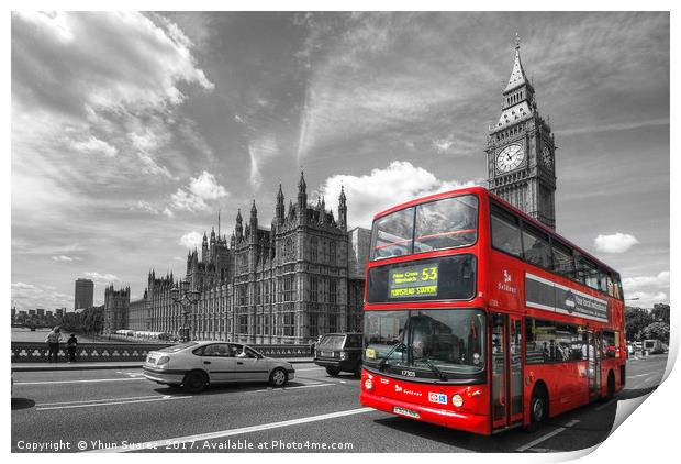 London Big Ben And Red Bus Print by Yhun Suarez