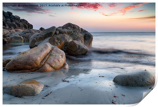 Boulders at Porth Nanven Print by Helen Hotson