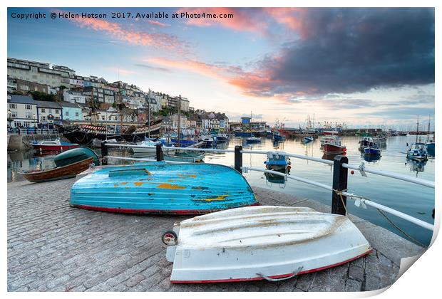 Sunset over Brixham Harbour Print by Helen Hotson