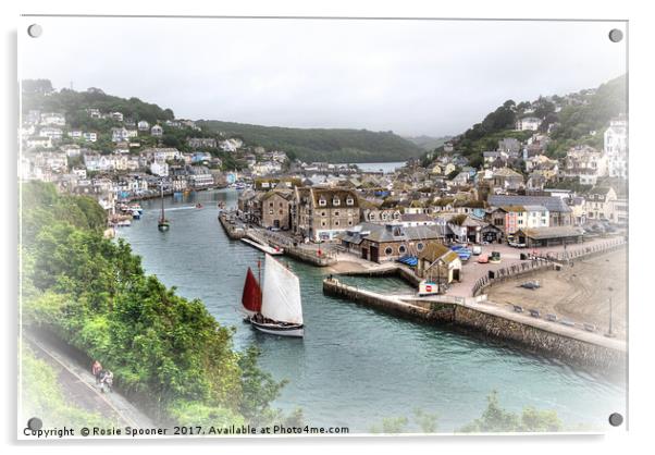 A vintage type view of  Luggers on the River Looe Acrylic by Rosie Spooner