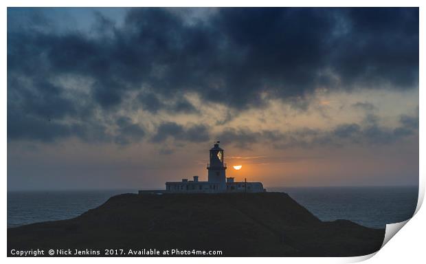 Sunset at Strumble Head Lighthouse Pembrokeshire Print by Nick Jenkins