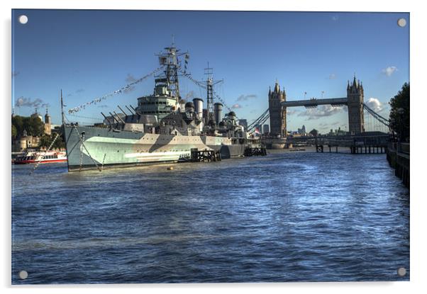 HMS Belfast and Tower Bridge Acrylic by Chris Day