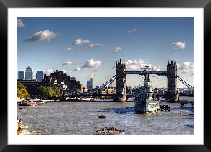 Canary Wharf Tower Bridge and HMS Belfast Framed Mounted Print by Chris Day