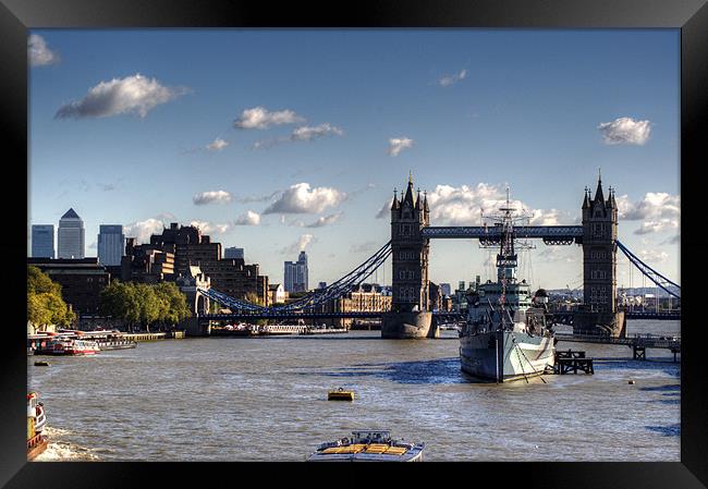Canary Wharf Tower Bridge and HMS Belfast Framed Print by Chris Day