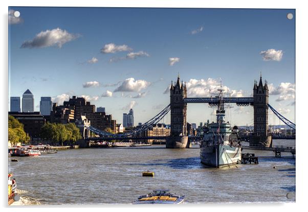 Canary Wharf Tower Bridge and HMS Belfast Acrylic by Chris Day