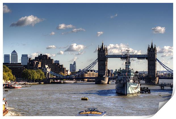 Canary Wharf Tower Bridge and HMS Belfast Print by Chris Day