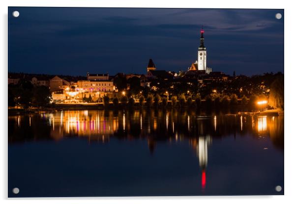Night over lake in Tabor city, Czechia. Acrylic by Sergey Fedoskin