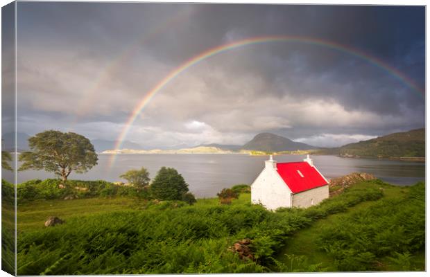 Applecross Red Roofed Cottage with Rainbows Canvas Print by Derek Beattie