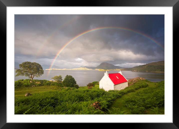 Applecross Red Roofed Cottage with Rainbows Framed Mounted Print by Derek Beattie