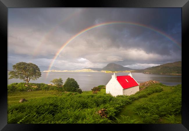 Applecross Red Roofed Cottage with Rainbows Framed Print by Derek Beattie