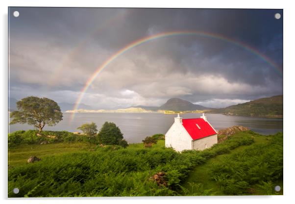 Applecross Red Roofed Cottage with Rainbows Acrylic by Derek Beattie
