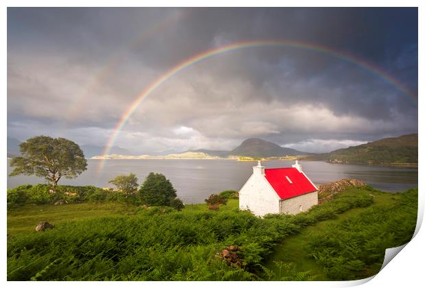 Applecross Red Roofed Cottage with Rainbows Print by Derek Beattie