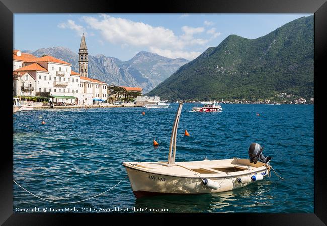 Small boat moored in Perast Framed Print by Jason Wells