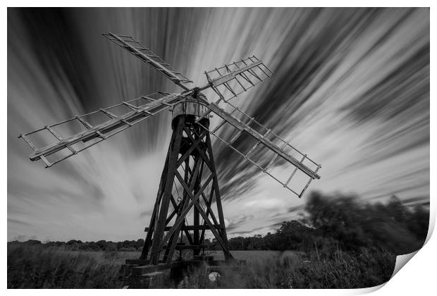 Boardmans Drainage Mill in Mono Print by Mark Hawkes