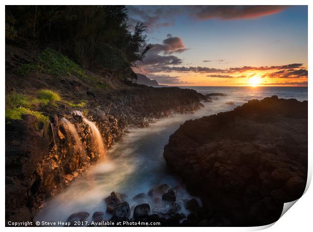 Waterfall near Queens Bath in Princeville Kauai Print by Steve Heap