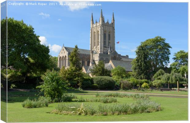 St Edmundsbury Cathedral with flower borders in fo Canvas Print by Mark Roper