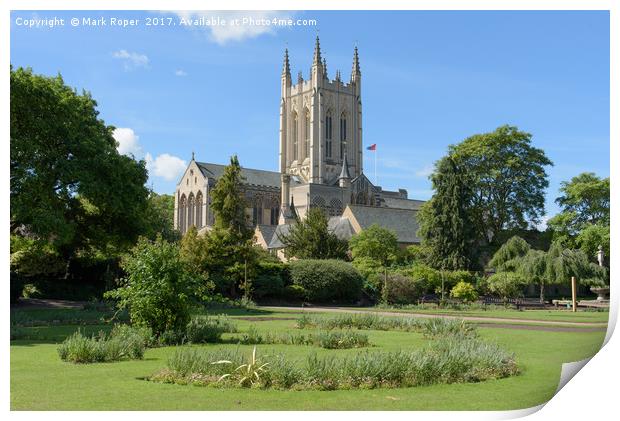 St Edmundsbury Cathedral with flower borders in fo Print by Mark Roper
