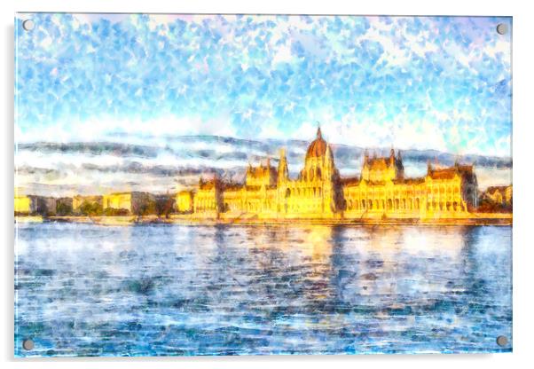 Budapest Danube Sunset Watercolour Acrylic by David Pyatt