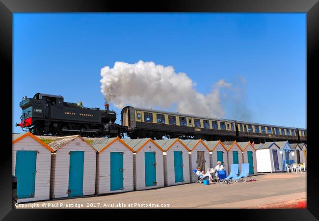 Steam Train & Beach Huts at Goodrington Beach Framed Print by Paul F Prestidge