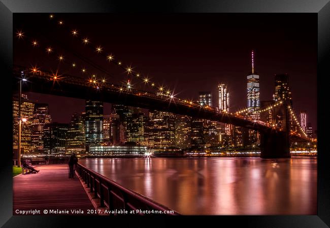 MANHATTAN SKYLINE & BROOKLYN BRIDGE Sunset Framed Print by Melanie Viola