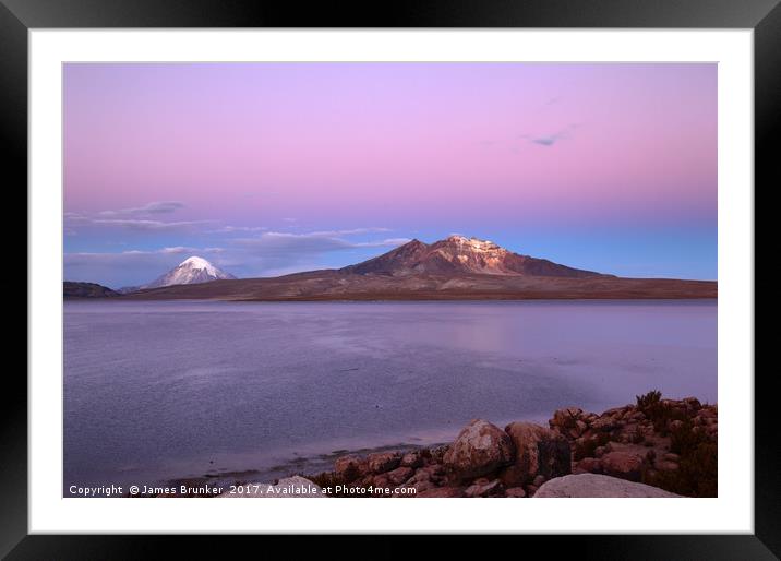Sunset Over Lake Chungara and Sajama Volcano Chile Framed Mounted Print by James Brunker