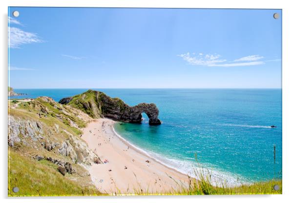 Durdle door and beach in the Summer sunshine. Acrylic by Simon J Beer