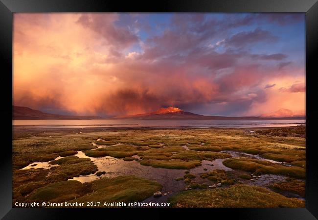 Stormy Sunset Over Lake Chungara Northern Chile Framed Print by James Brunker