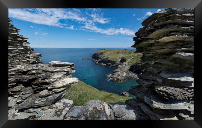 Barras nose and Tintagel Haven Cornwall Framed Print by Eddie John