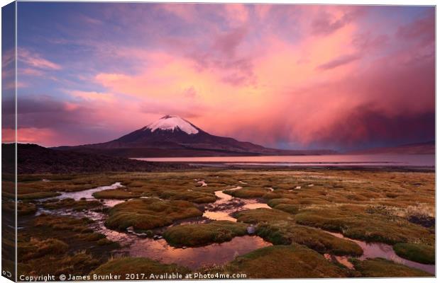 Stormy Sunset and Parinacota Volcano Chile Canvas Print by James Brunker