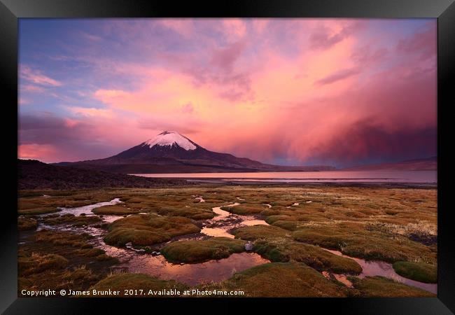 Stormy Sunset and Parinacota Volcano Chile Framed Print by James Brunker