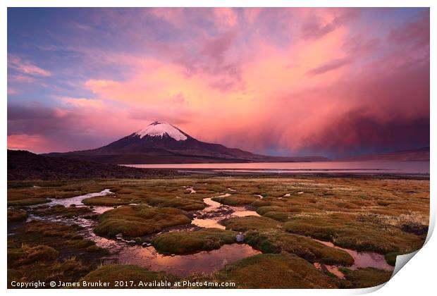 Stormy Sunset and Parinacota Volcano Chile Print by James Brunker
