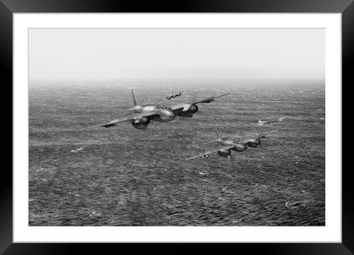 Mosquito fighter bombers over the North Sea, B&W v Framed Mounted Print by Gary Eason