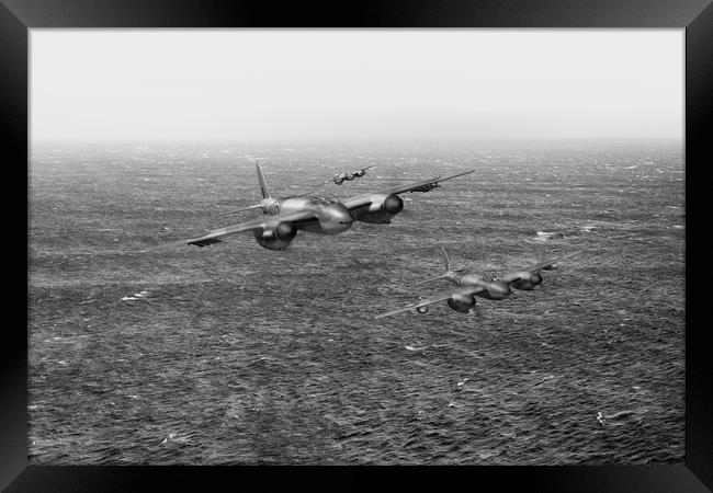 Mosquito fighter bombers over the North Sea, B&W v Framed Print by Gary Eason