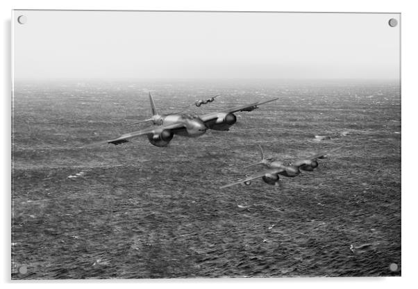 Mosquito fighter bombers over the North Sea, B&W v Acrylic by Gary Eason