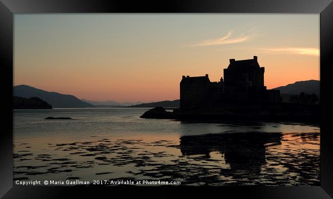 Eilean Donan Castle at Sunset in silhouette Framed Print by Maria Gaellman