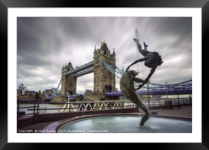 London Tower Bridge & Dolphin Fountain Framed Mounted Print by Yhun Suarez