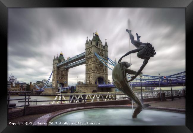 London Tower Bridge & Dolphin Fountain Framed Print by Yhun Suarez