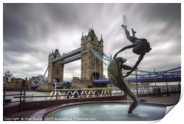 London Tower Bridge & Dolphin Fountain Print by Yhun Suarez