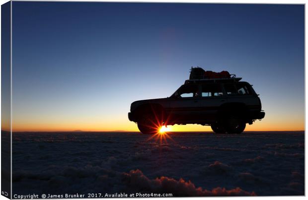 Dawn Jeep Trip Across the Salar de Uyuni Bolivia Canvas Print by James Brunker