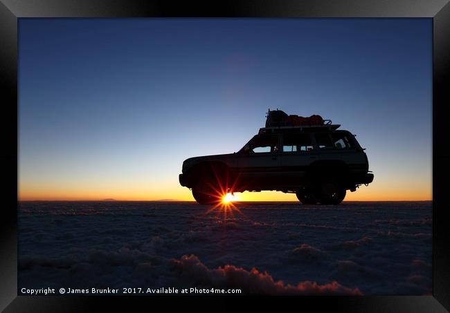 Dawn Jeep Trip Across the Salar de Uyuni Bolivia Framed Print by James Brunker